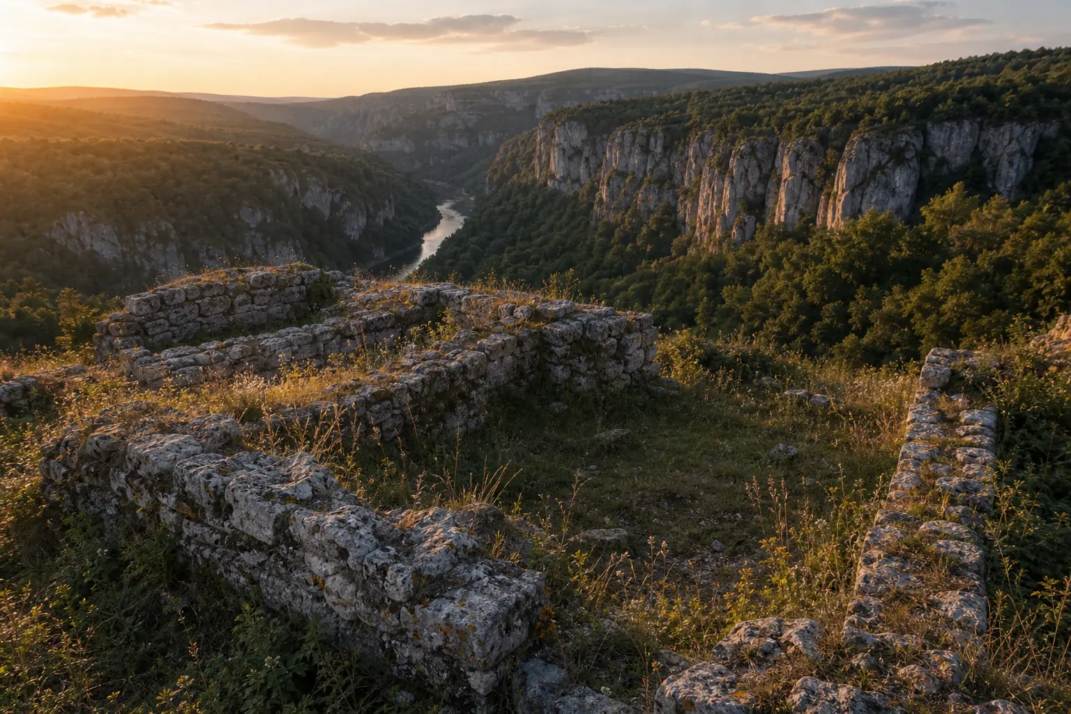 Каменни останки на хълм над каньон и река